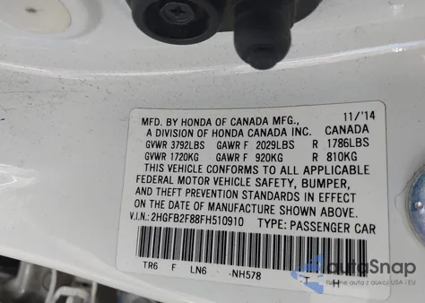 2015 Honda Civic Ex из США, поврежденный, VIN 2HGFB2F88FH510910